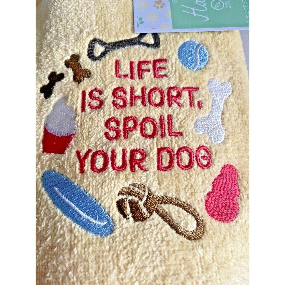 Dog Lover Hand Towels Life Is Short Spoil Your Dog Embroidered Yellow Set of 2